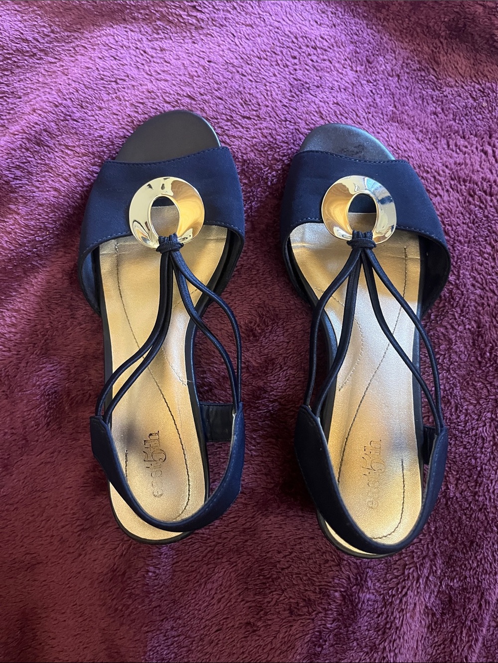 East 5th Black Slingback Sandals with Gold Ring Detail